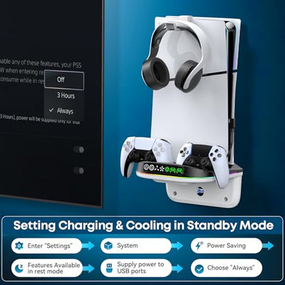 P S5 Wall Mount Kit with Cooling Fan and Charging Station Compatible with PS5/ Slim/ Pro Disc and Digital, PS Five Floating Shelf with 9 RGB Lights, PS 5 Mount Behind TV, P5 Accessories for Gaming, Black and White - color: Black and White