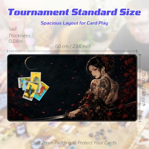 Moonlit Samurai Woman MTG Playmat, Card Game Play Mat with Stitched Edges, Smooth Surface Board Game Trading Card Mat, Non-Slip Rubber Base Large Gaming Mouse Pad 24 x 14 Inch - color: Moonlit Samurai Woman