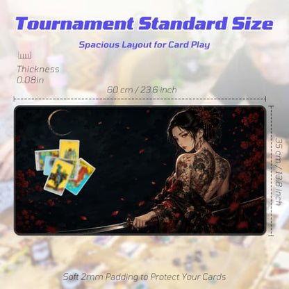 Moonlit Samurai Woman MTG Playmat, Card Game Play Mat with Stitched Edges, Smooth Surface Board Game Trading Card Mat, Non-Slip Rubber Base Large Gaming Mouse Pad 24 x 14 Inch - color: Moonlit Samurai Woman