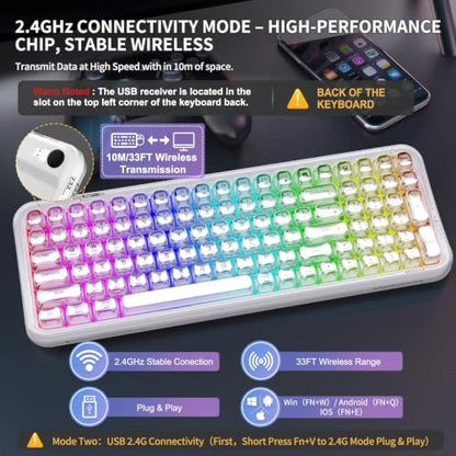 Wireless Computer Keyboard with RGB Backlit, Tri-Mode Bluetooth 5.0/USB-C/2.4GHz Ergonomic Gaming Keyboard - Full-Size Rechargeable Transparent Keycap for Laptop/Windows/PC - White - color: 732 White