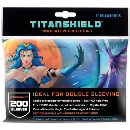 TitanShield 200 Premium 60-Microns Ultra Clear Standard Size Perfect Exact Fit Inner Card Sleeves. Perfect for Double-sleeving and Compatible with Pokémon Cards MTG Magic The Gathering Lorcana - size: 200 ct