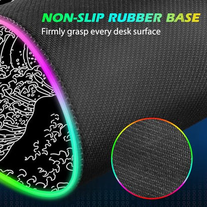 ToLuLu RGB Wireless Charging Gaming Mouse Pad, 7.5/10/15W 10 Light Modes LED Mouse Pad Computer Keyboard Mat Mousepad, 800x300x4MM Extended Large Desk Pad Mat, Japanese Kanagawa Sea Wave Black White - color: Japanese Kanagawa Sea Wave Black White