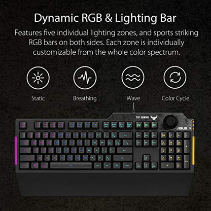 ASUS Membrane Gaming Keyboard for PC - TUF K1 | Programmable, Onboard Memory | Dedicated Volume Knob, Aura Sync RGB & Side Lighting | Detachable Wrist Rest | Spill-Resistant | Highly Durable | Black