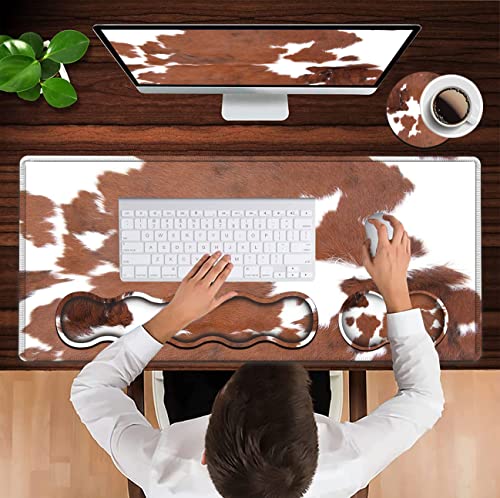 Large Mouse Pad and Gel Mouse Wrist Rest+ Memory Foam Keyboard Wrist Rest Support Set, Non-Slip Rubber Base for Office,Home,Computer,Extended Gaming Mousepads XXL Animal Skin Brown Cowhide Desk Mat - color: JV-mouse pad-8-19