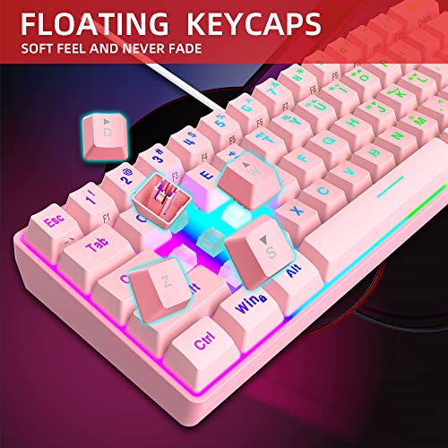 Snpurdiri 60% Wired Gaming Keyboard, 61 Keys RGB Backlit Ultra-Compact Mini Gaming Keyboard for PC/Mac Gamer, Typist, Travel, Easy to Carry on Business Trip(Pink) - color: Pink