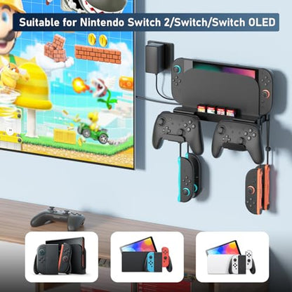 Wall Mount for Nintendo Switch 2 /Switch OLED/Switch Console, Switch 2 holder with Storage 8 Card Slots,2 Pro Controller and 4 Joycon Hanger-Install Behind TV, Black