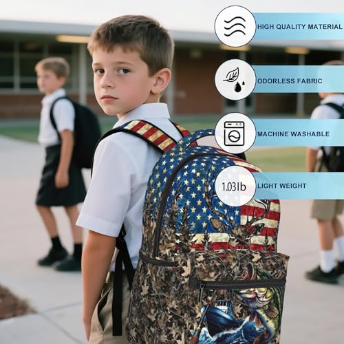 Camo Fish Backpack for Boys American Flag Bass Fish Deer School Backpack for Boys Girls Elementary Middle School Bookbag Travel Daypack Students Back Pack - color: Camo Fish