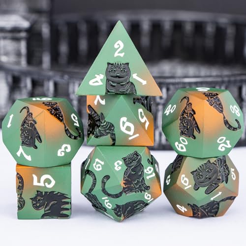 Metal DND Cat Dice 7PCS Polyhedral RPG Dice Set with Gift Case for Dungeons Dragons Role Playing Game, D and D Dice D6 D8 D10 D12 D20 D% (Orange Green) - color: Cat-orange Green&black