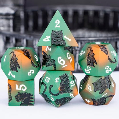 Metal DND Cat Dice 7PCS Polyhedral RPG Dice Set with Gift Case for Dungeons Dragons Role Playing Game, D and D Dice D6 D8 D10 D12 D20 D% (Orange Green) - color: Cat-orange Green&black
