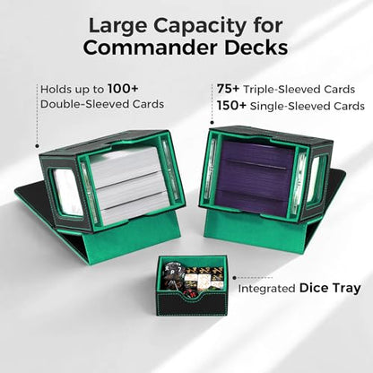 MTG Commander Deck Box with Dual Display Windows and Dice Tray | Fits 100 Double-Sleeved Cards, PU Leather, 2 Magnetic Card Holders, 2 Dividers, Black & Green - color: 2. Black & Green