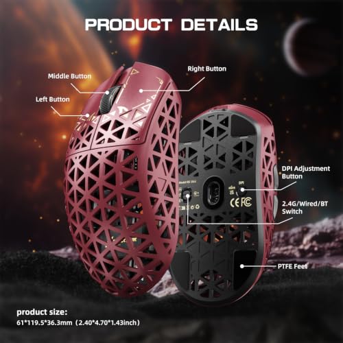ATTACK SHARK R5Ultra 8K Carbon Fiber Wireless Gaming Mouse, Red | 42K DPI,PAW3950 MAX Sensor,39g Ultra-Lightweight,Nordic 52840 MCU Chip,Wired/BT/2.4GHz Wireless Programmable Mouse for PC/Mac - color: Red