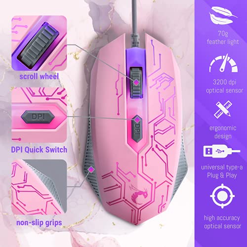 Pink Gaming Keyboard and Mouse Headset Headphones and Mouse pad, Wired LED RGB Backlight Bundle Pink PC Accessories for Gamers and Xbox and PS4 PS5 Nintendo Switch Users - 4in1 Edition Hornet RX-250 - color: Pink