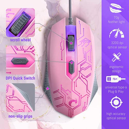 Pink Gaming Keyboard and Mouse Headset Headphones and Mouse pad, Wired LED RGB Backlight Bundle Pink PC Accessories for Gamers and Xbox and PS4 PS5 Nintendo Switch Users - 4in1 Edition Hornet RX-250 - color: Pink