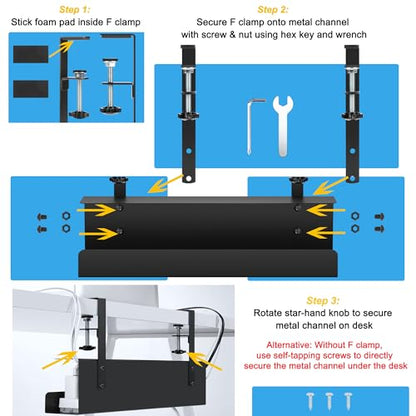 ZhiYo 16.5in Steel Cable Management Under Desk Tray, Large Clamp-On Under Table Cord Hider Tray, No Drill Cable Organizer for Desk, Wire Management Raceway, Black Rack, W3in x H4.7in - size: 16.5in L - Clamp-On