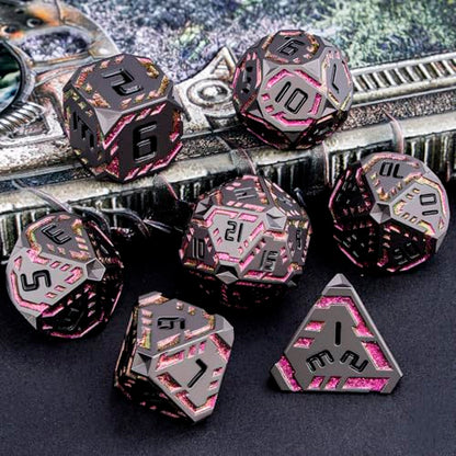 Metal DND Sci-fi Dice Set 7PCS Stripe Polyhedral Dice for Dungeons Dragons RPG Role Playing Game, Glitter D and D Dice with Gift Box D6 D8 D10 D12 D20 (Black&Purple Red) - color: Black - Red Purple