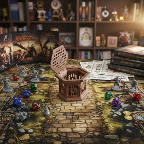 Dice Jail with Secure Clip-On Lid - Fun Dungeon Cage Prison for Tabletop RPG Polyhedral Dice Games (Includes Free 7-Piece Polyhedral Dice Set) (Marble) - color: Marble Color