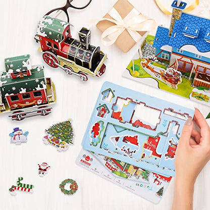 Whaline Christmas Puzzle Toy Set 3D Cute Jigsaw Paper Model Winter Simple Puzzle Paper and EPS Foam Board Toys for Kids Gift Santa Xmas Tree Cottage Train Creative DIY Model Building kit for Toddler