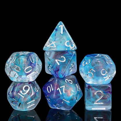 UDIXI D&D Polyhedral Dice Set Glitter and Cyan Swirls for Role Playing Game | Purple Cyan Colors, Dreamy Effect, Velvet Dice Bag Packaging, for Dungeons and Dragons Role Playing Games and Tabletop Games - color: Purple With Cyan
