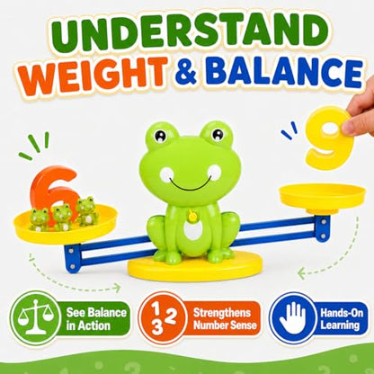 CozyBomB Frog Scale Balance Counting Toy - Preschool Math Learning Games | Frogs & Number Blocks & Math Learning Cards, STEM Montessori Toys Educational Gifts for Kids Ages 3 4 5 6 Year Old Birthday - color: Green