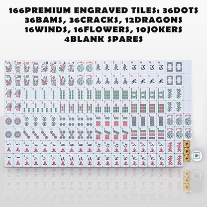 American Mahjong Tile Set, Mah Jong Set Complete with Bag, 166 White Tiles with Golden Dices for Travel, 4 All-in-One Mahjong Racks with Pushers (Black) - color: Black