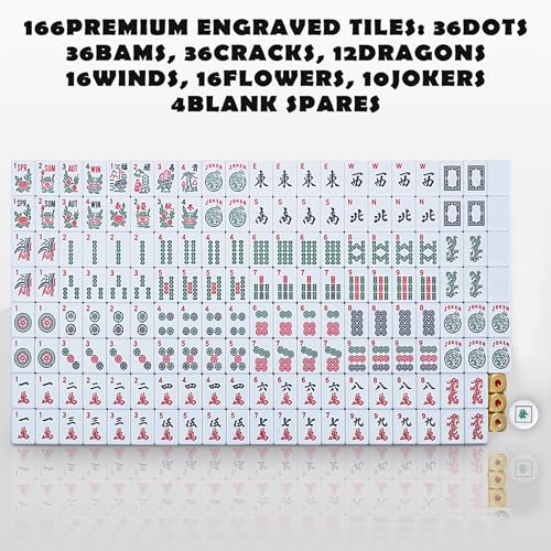 American Mahjong Tile Set, Mah Jong Set Complete with Bag, 166 White Tiles with Golden Dices for Travel, 4 All-in-One Mahjong Racks with Pushers (White) - color: White