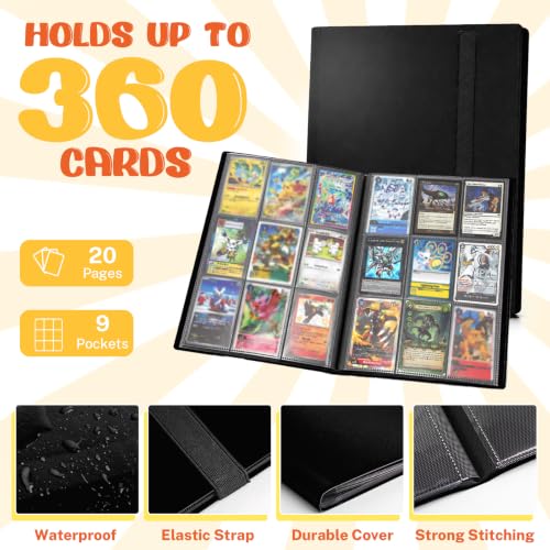Trading Card Binder, 9 Pocket 20 Pages 360 Cards, Suitable for MTG, TCG(Black) - color: Black