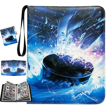 Hockey Card Binder with Sleeves, 9-Pocket Portable Card Protectors Album Holder Book with Zipper, Fits 900 Cards with 50 Removable Sleeves, Hockey Cards Display Storage Carrying Case - color: Hockey-01