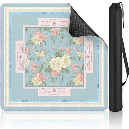 Mahjong Mat Table with Rules Mah Jong Mat Neoprene Travel Chinoiserie Floral Majong Learning Mat Instructions Mahjong Gifts Women Unique Non-Slip Rubber Pad, 31.5" x 31.5", Blue Flower - color: Blue Flower, size: 31.5" x 31.5"