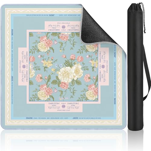 Mahjong Mat Table with Rules Mah Jong Mat Neoprene Travel Chinoiserie Floral Majong Learning Mat Instructions Mahjong Gifts Women Unique Non-Slip Rubber Pad, 31.5" x 31.5", Blue Flower - color: Blue Flower, size: 31.5" x 31.5"