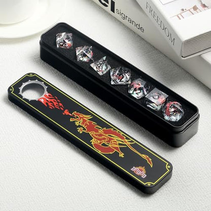 Red Dragon DNDND Sharp Dice with Black Numbers | Liquid Core 7-Piece D&D Dice Set | Dragon Themed Metal Case | Ideal RPG Gift - color: Liquid Dragon