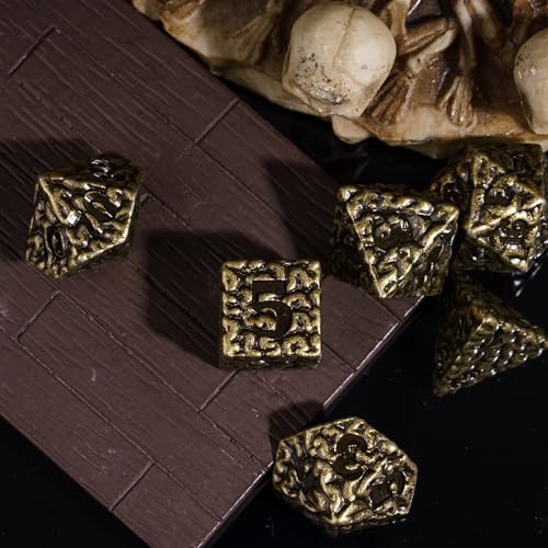 Cusdie 7 PCs Metal DND Dice Set, Brain Design Metal Dice, D&D Polyhedral Dice Set with Skull Dice Bag, for Role Playing Game D&D Dice (Bronze) - color: Brain Bronze