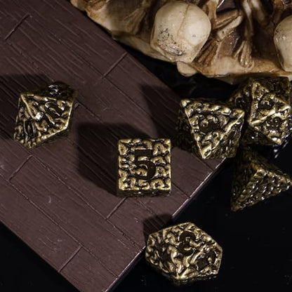 Cusdie 7 PCs Metal DND Dice Set, Brain Design Metal Dice, D&D Polyhedral Dice Set with Skull Dice Bag, for Role Playing Game D&D Dice (Bronze) - color: Brain Bronze