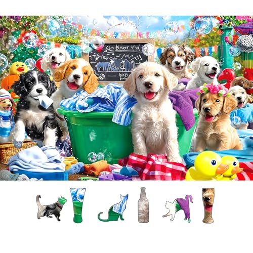 Puppy Laundry Day 500 Piece Jigsaw Puzzle for Adults Fun Colorful Cute Playful Dogs with Bubbles Bath Scene, Seniors & Families Relax Puzzles with Letters on Back, 23x15 Inch - color: Colorful-puppy Laundry Day