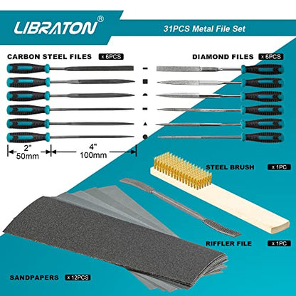 LIBRATON 31PCS Metal File Set, Metal Files, 12 Needle Files | For Metal, Steel, Wood, Metalworking, Woodworking, Hobby & Crafts, with Riffler File, 12 Sandpapers, Steel Brush, Carry Case - style: Metal File-31PCS