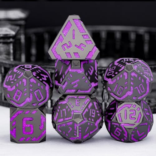 Metal DND Sci-fi Dice Set 7PCS Luminous Purple Stripe Polyhedral Dice for Dungeons Dragons RPG Role Playing Game, Glitter D and D Dice with Gift Box D6 D8 D10 D12 D20 - color: Nightlight - Purple