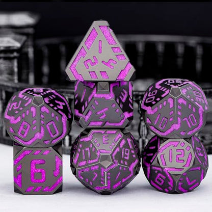 Metal DND Sci-fi Dice Set 7PCS Luminous Purple Stripe Polyhedral Dice for Dungeons Dragons RPG Role Playing Game, Glitter D and D Dice with Gift Box D6 D8 D10 D12 D20 - color: Nightlight - Purple