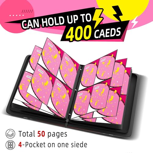 Trading Card Binder 4 Pocket,400 Pocket Card Collection Binder with 50 Removable Sleeves,PU Waterproof Top Card Book,3-Ring Zipper Collectible Trading Card Album for MTG/TCG/Card Holder Gift（Pink） - color: Pink, size: Small