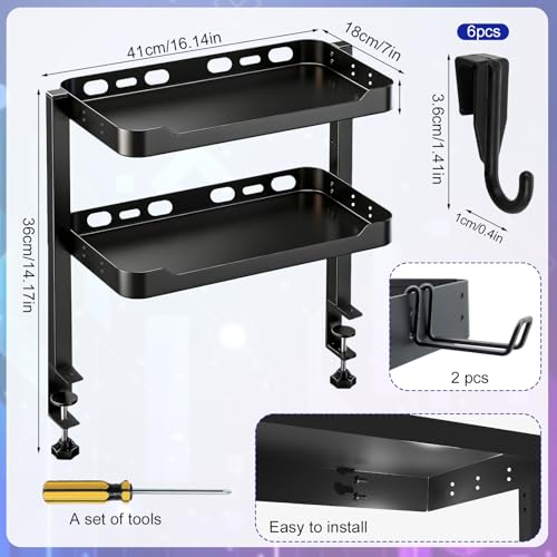2-Tier Clamp on Desk Shelf, Dual-purpose Desk Organizer (Used on or Under Desk Storage), Desk Shelf Clamp with Hooks and High Load-bearing capacity, Suitable for Office Desk, Gaming Accessories