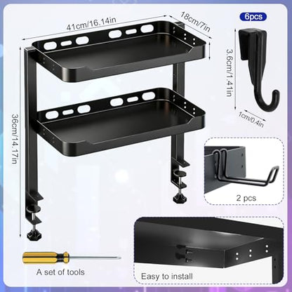 2-Tier Clamp on Desk Shelf, Dual-purpose Desk Organizer (Used on or Under Desk Storage), Desk Shelf Clamp with Hooks and High Load-bearing capacity, Suitable for Office Desk, Gaming Accessories