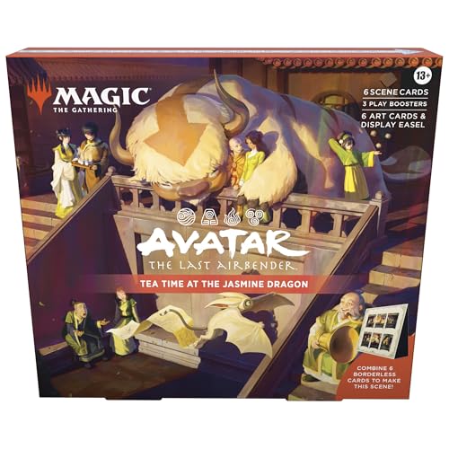 Magic: The Gathering | Avatar: The Last Airbender Scene Box 2 - Tea Time at the Jasmine Dragon | 6 Foil Borderless Scene Cards, 6 Art Cards, 3 Play Boosters + Display Easel