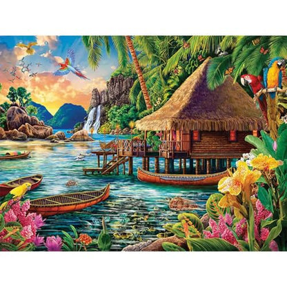 Bits and Pieces 1500 Piece Puzzles for Adults - Large 24" x 33" Large Jigsaw Puzzles 1500 Pieces Tiki Hut Polynesian Lagoon, Random Die Cut, No 2 Pieces Alike, Tropical Landscape - size: 1500 Piece Puzzle