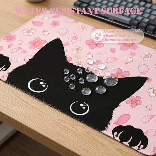 Black Cat Mouse Pad Extended Large Cute Pink Cherry Blossom Desk Mat Big Floral Flowers Desk Pad Set XXL Aesthetic Paw Gaming Mouse Pad for Keyboard Computer Laptop Home Office Girl 31.5X15.7Inches - color: Cherry Blossom Cat