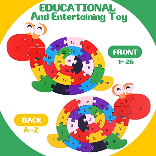 Yunsailing 4 Pcs Wooden Animal Puzzles for Kids, Double Sided Snake Jigsaw with Alphabet & Numbers for Preschool Toddler Learning Educational Activities(Snake, Dinosaur, Elephant, Snail) - style: Snake, Dinosaur, Elephant, Snail
