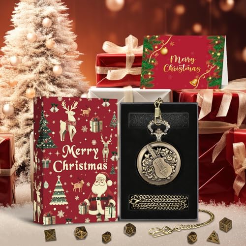 Mini DND Dice Set with Steampunk Hollow Bard Pocket Watch Shell Case, 7 PCS Metal Polyhedral D&D Dice Set, Xmas Gift with Gift Box, Role Playing Board Game Accessories, Bronze - color: Bard + Christmas Box