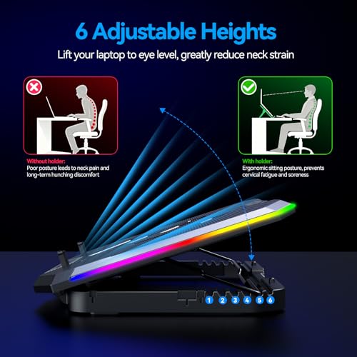 ICE COOREL Gaming Laptop Cooling Pad with 8 Cooling Fans, Laptop Fan Cooler Pad for 15-17.3 Inch, Notebook Cooler Stand with 6 Height Adjustable, RGB Cooling Pad with Two USB Port + Phone Stand - size: 8 Fans