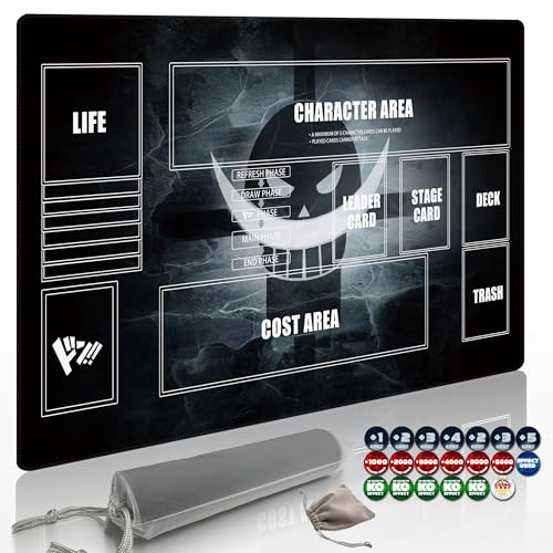 Playmat for One Piece Card Game (24x14 Inches): with Non-Slip Rubber, Zones Design, a Professional Storage Bag Included, Plus a Limited-Time Gift of a Set of 20 Damage Counters (Black2) - color: Black2