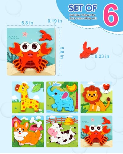 Wooden Puzzles for Toddlers 1-3, 6pcs Animal Jigsaw Puzzles for Toddlers, Montessori Educational Learning Toys for Kids Ages 1-4,Gifts for Boys Girls