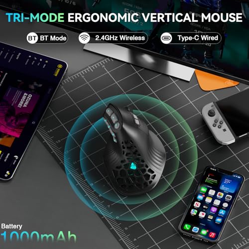 SOLAKAKA E9 PRO Vertical MMO Gaming Mouse with 8K Dongle- 36000 DPI PAW3395 Sensor,8,000Hz Polling Rate,Tri-Mode Ergonomic Wireless Mouse with 10 Side Buttons,RGB Mouse for PC/Mac - Black - color: Black-Gray
