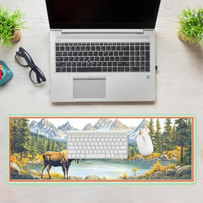 Moose Landscape Mouse Pad, Mountain Lake Gaming Desk Mat Waterproof Stitched Edges Rubber Base Non-Slip Deskmap Computer Keyboard Mat, 31.5x11.8in Desk Home Office Gaming - color: Moose Landscape, size: 31.5x11.8in