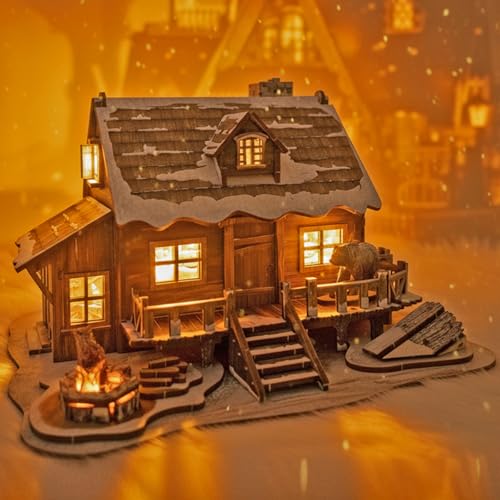LED 3D Wooden Puzzle Winter Cabin DIY Miniature Building Kit with LED Lights - 3D Craft Rural Wooden Cabin Models Decor Gift for Adult